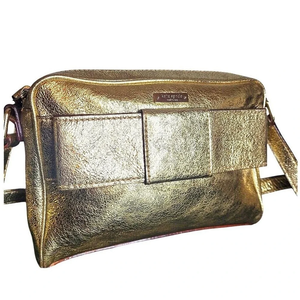 Kate Spade Crossbody Bag Small Gold Metallic Bow Detail Polka Dot Lining Glam
